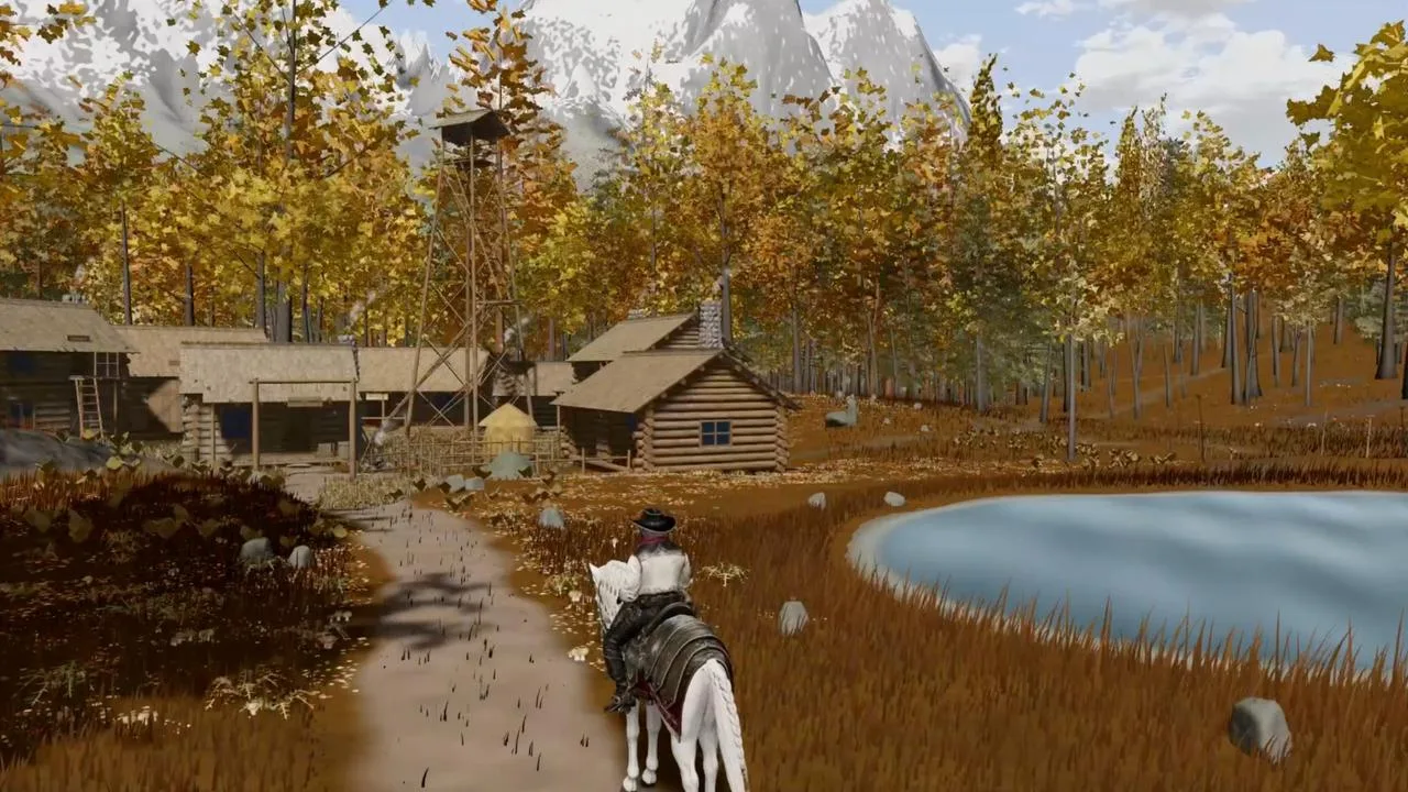 Reiter auf einem weißen Pferd vor Blockhütten in einem herbstlichen Wald, dahinter verschneite Berge und ein See